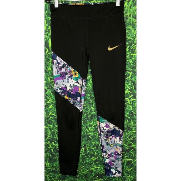 Nike Dri-Fit One Tight Fit Girls Large Floral Black Training Leggings DC7090-010 - Picture 2 of 4